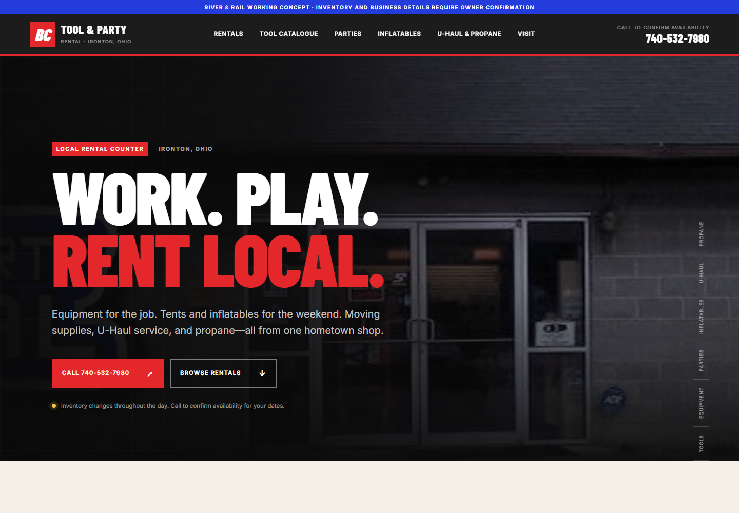 BC Tool and Party Rental independent website redesign concept