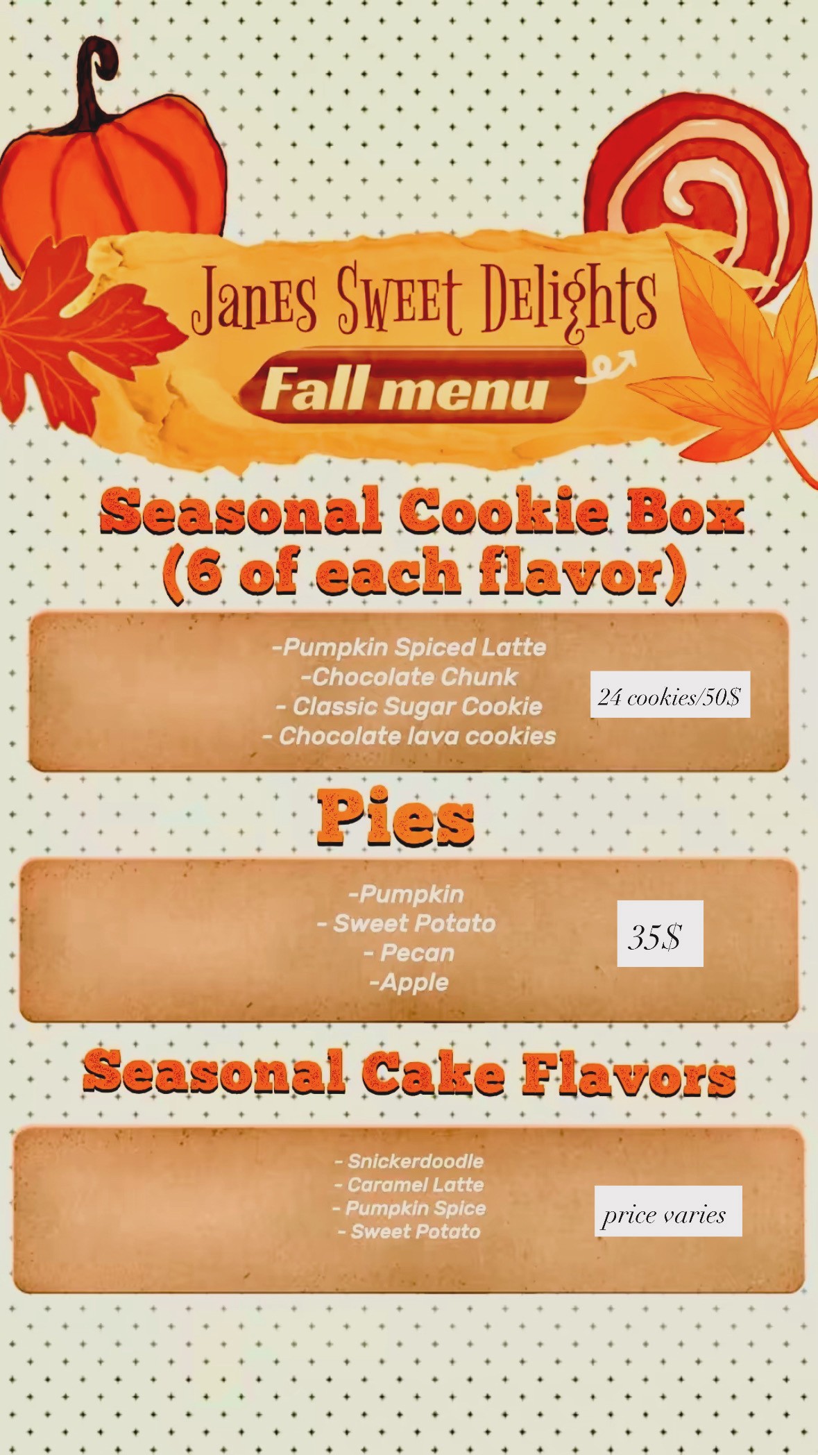 Lady Jane’s fall menu with cookies, pies and cake flavors