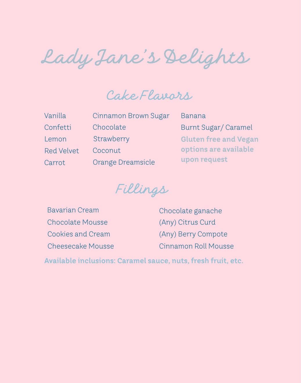 Lady Jane’s cake flavors and fillings menu