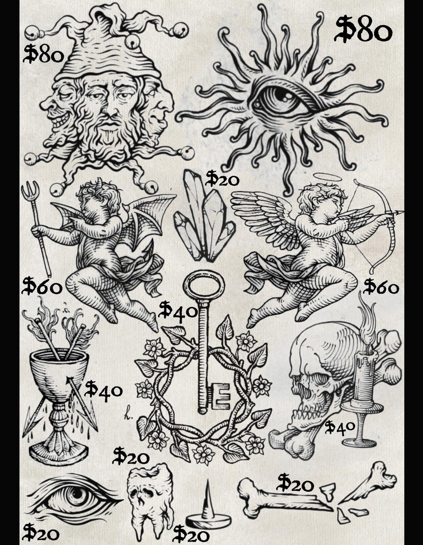 Blackwork tattoo flash sheet from a past West End event