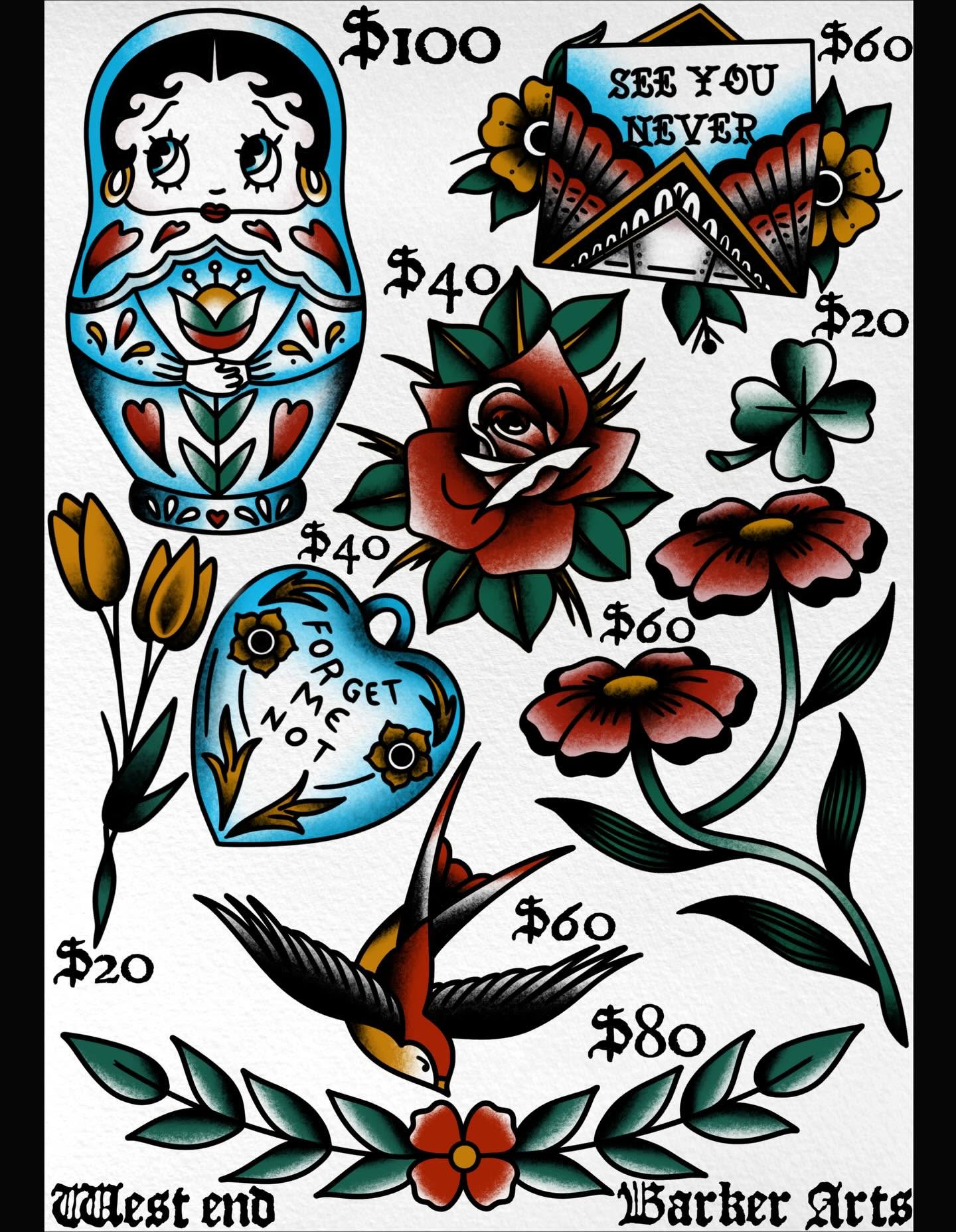 Color tattoo flash sheet from a past West End event