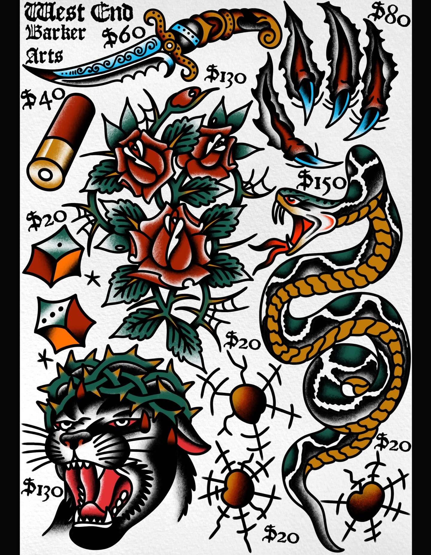 Traditional color tattoo flash sheet from a past West End event