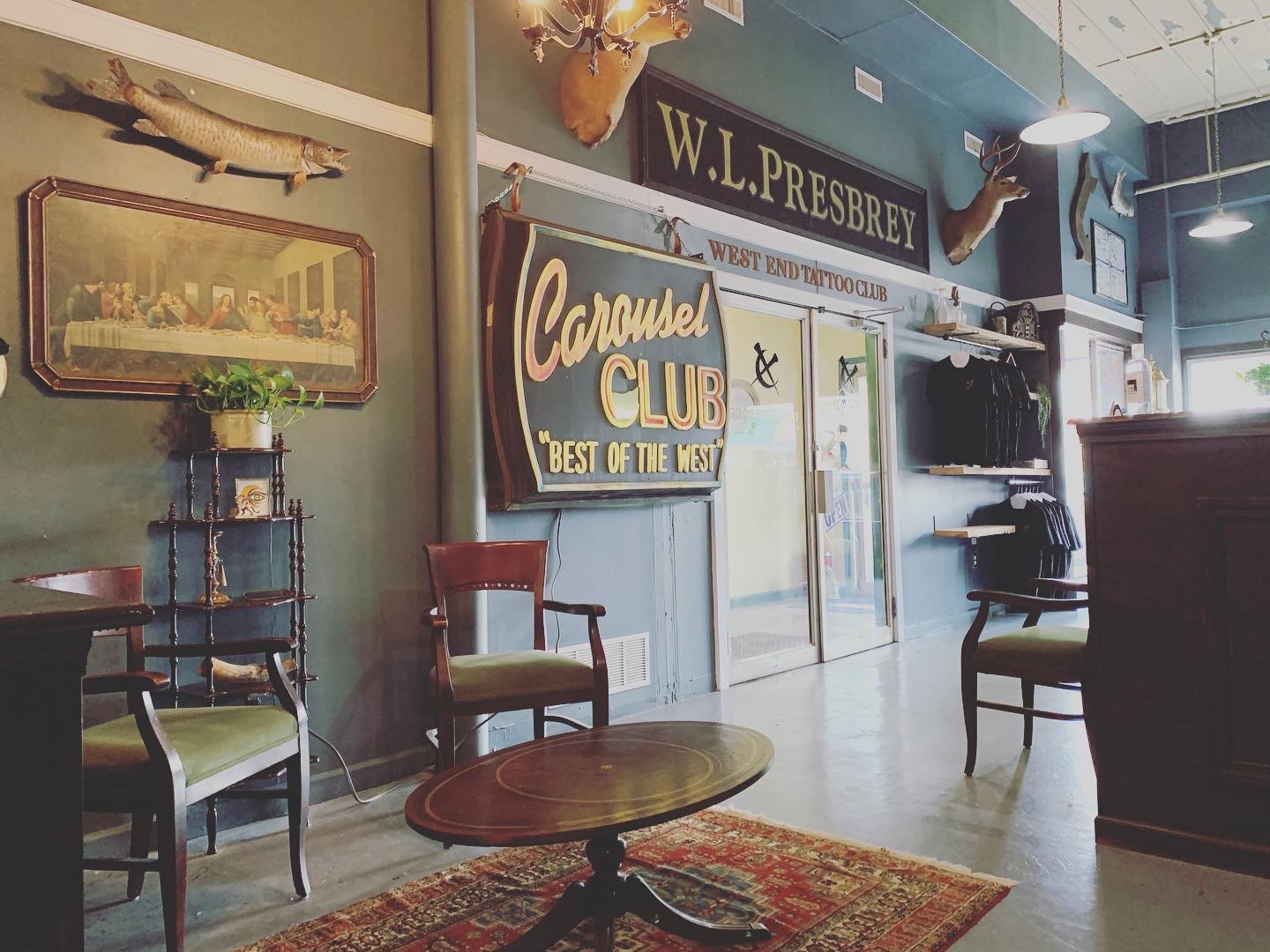Vintage waiting area inside West End Tattoo Club