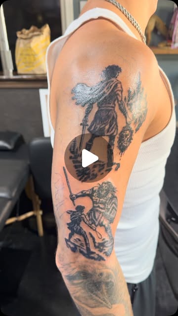 David and Goliath tattoo work by Derek Neal