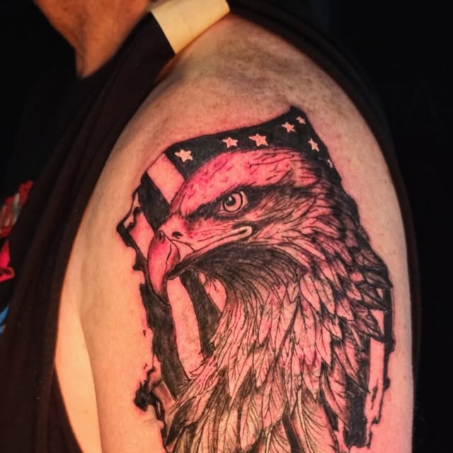 Black-and-gray eagle tattoo by TJ Young