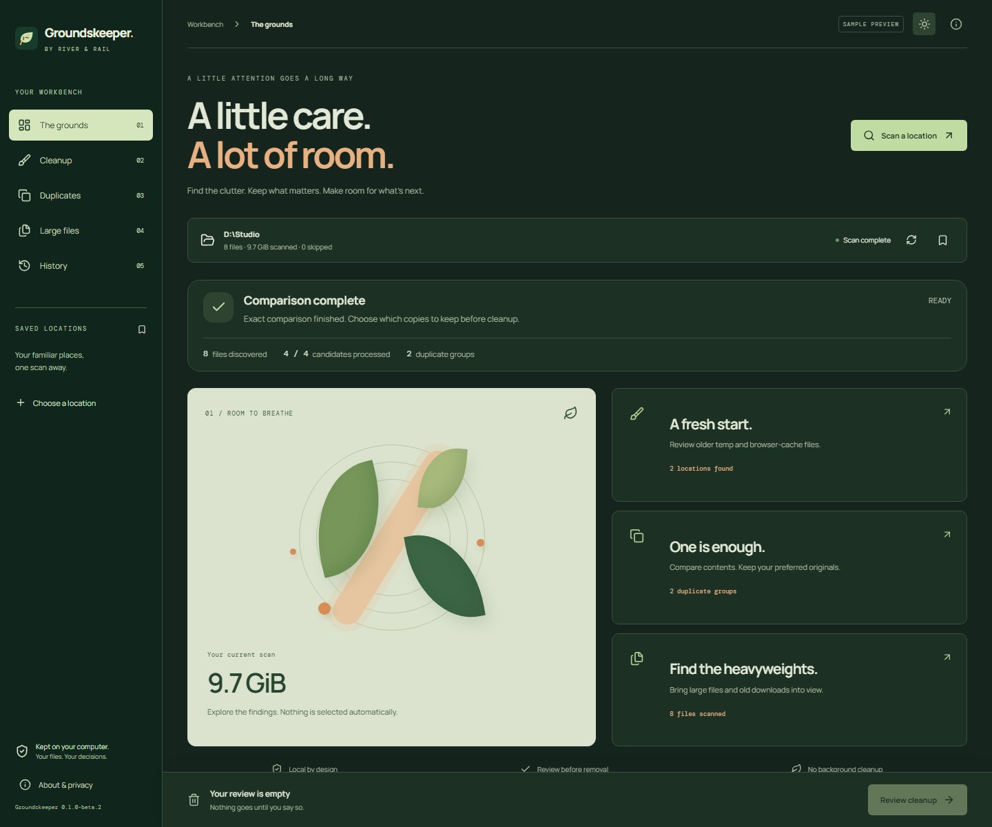 Groundskeeper’s dark-theme workbench, shown with sample data